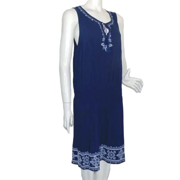 J. JILL Dress, L, Blue, Embroidered, Smocked waist, Sleeveless, Tie neckline - Picture 3 of 13